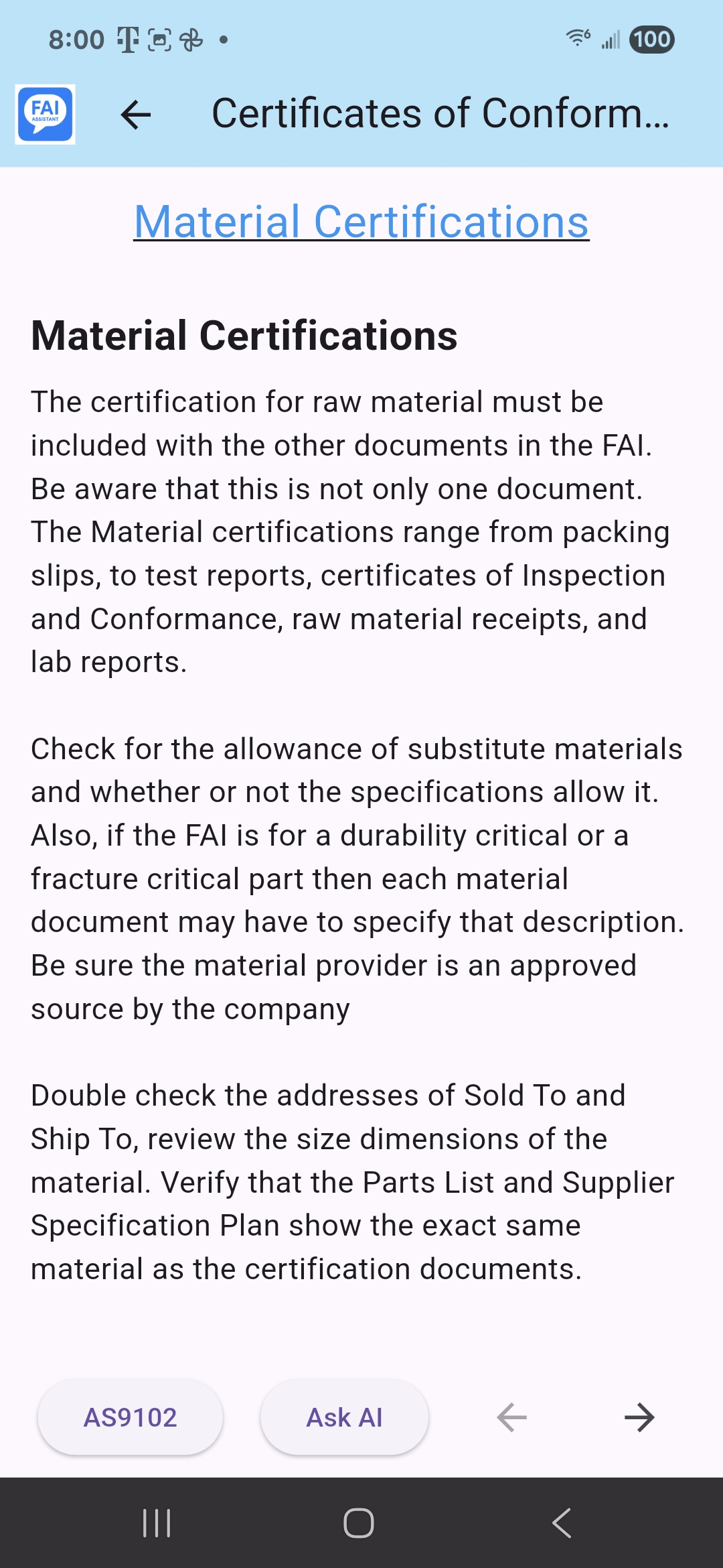 Material Certification Page